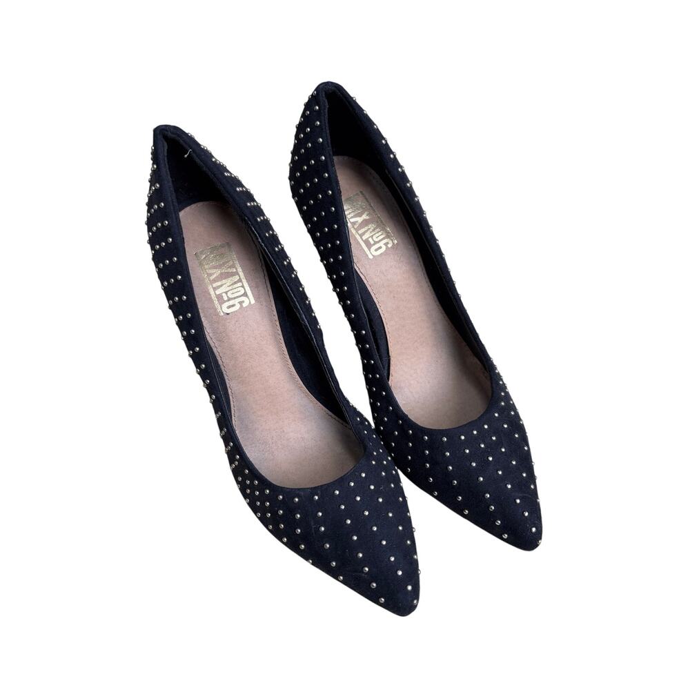 Mix No 6 high heel pumps US 7.5M goldtone studs on black faux suede sexy shoes